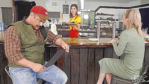 Brunette waitress gets fucked and spanked by a dude