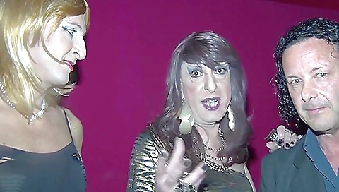 Mature shemale with huge natural tits fucked by a group