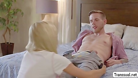 Blond hottie with huge boobs fucks him on the couch