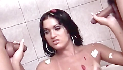 Busty latina shemale with hairy bush gets screwed anal